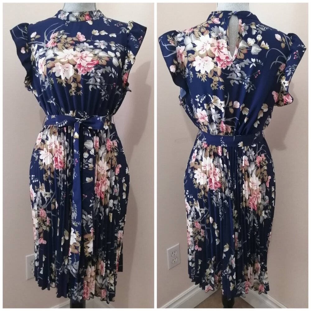 Belted Floral Dress with Pleated Skirt and Ruffle Sleeves, BNWT